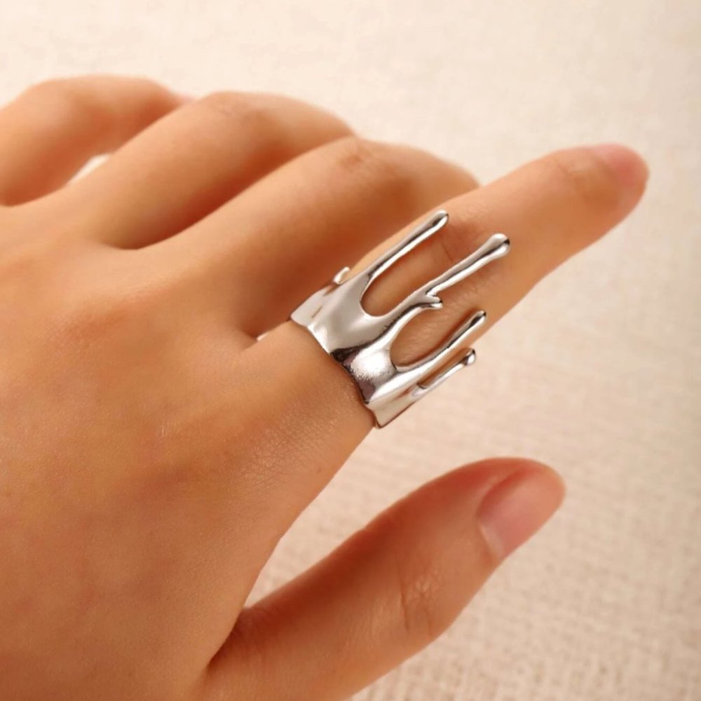 Abstract Silver Dripping Drip Melting Crown Streetwear Ring NEW